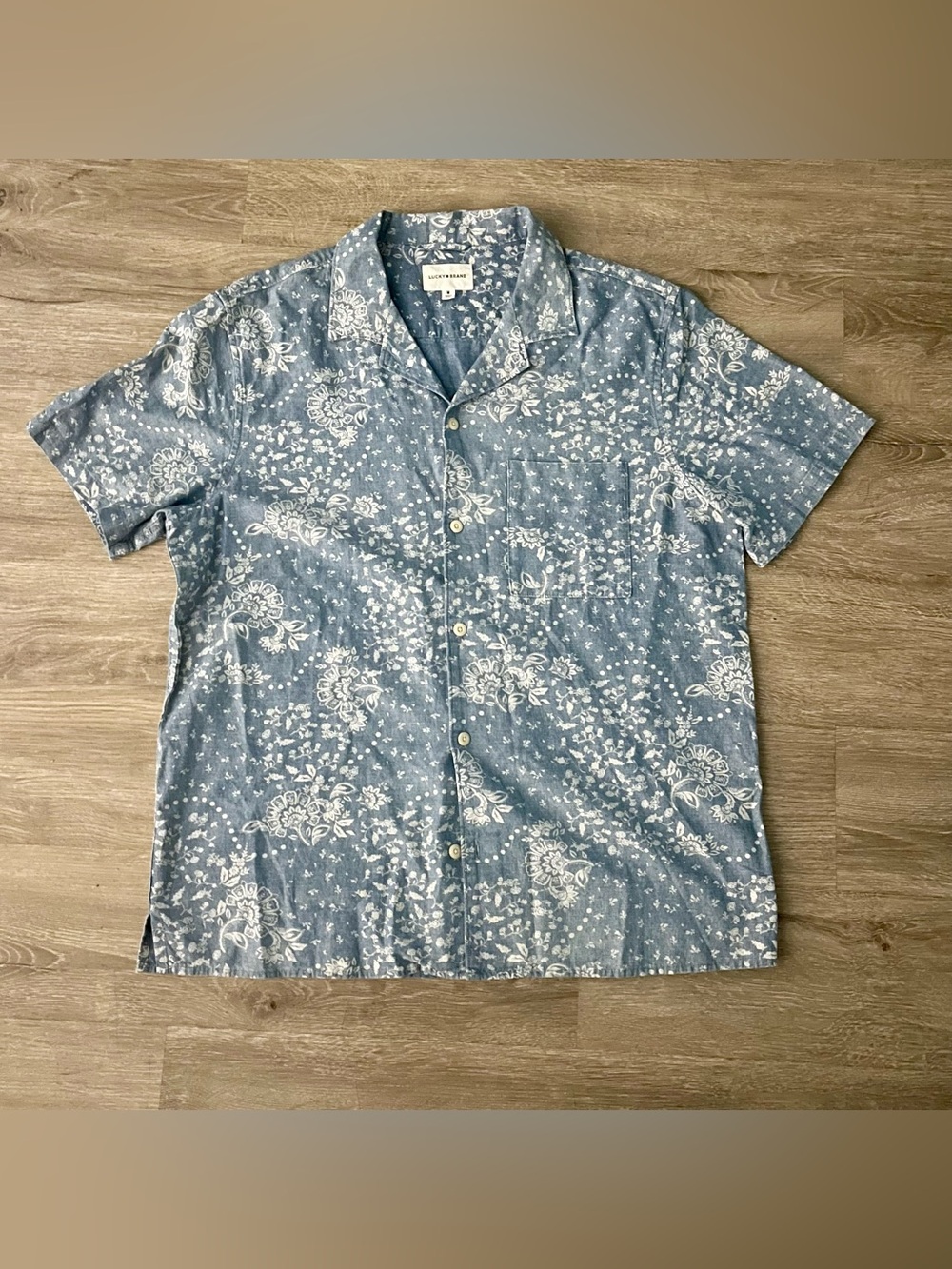 Lucky Brand Blue Floral Cotton-Linen Camp Collar Shirt M